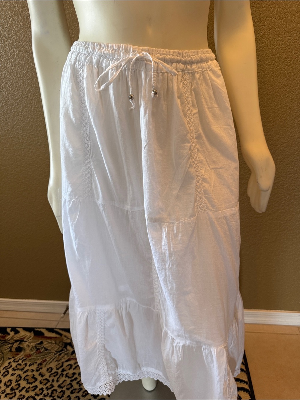 Women's White Tiered Maxi Skirt with Drawstring Waist